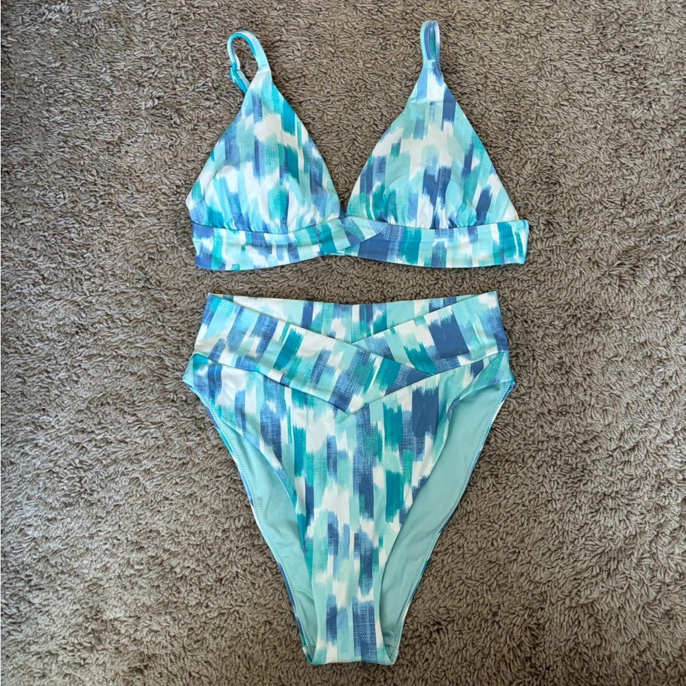 aerie Aqua & Teal Patterned High-Waist Bikini Set